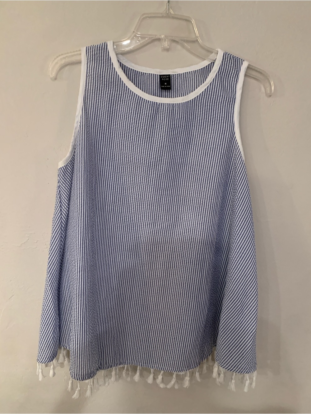 Emery Rose Navy and White Striped Tank with Fringe Hem